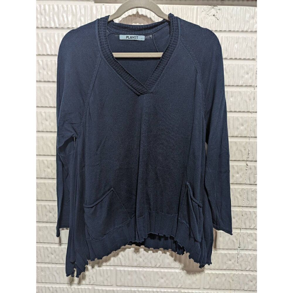Planet Womens Blue Raglan Sleeves Wide Box Pleat Bottom V-Neck Sweater One Size